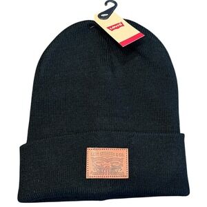 Levi's Beanie Hat Men One Size Black‎ New Cuffed Logo Patch Ribbed Knit